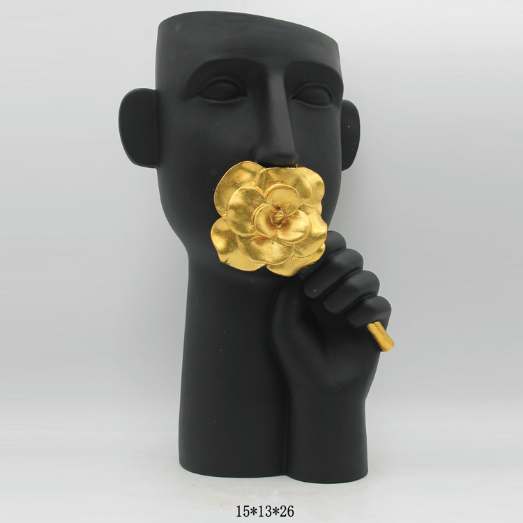 Nordic Modern Abstract Human Body Face Flower Case Resin Gold Vase Home Decor