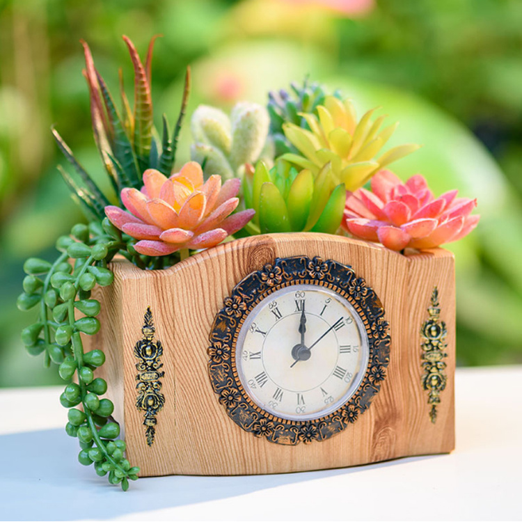 Vintage Desk Ornament Resin Craft Clock Flower Pot Polyresin Plant Pot