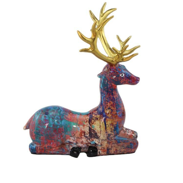 Nordic Style Colorful Decal Design Christmas Deer Gift Resin Sitting Deer Sculpture for Desktop Decor