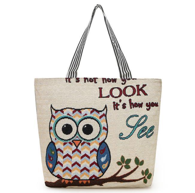 Wholesale Fair Lovely Canvas Owl Tote Bag Personalized Handbags Tourist Beach Bag