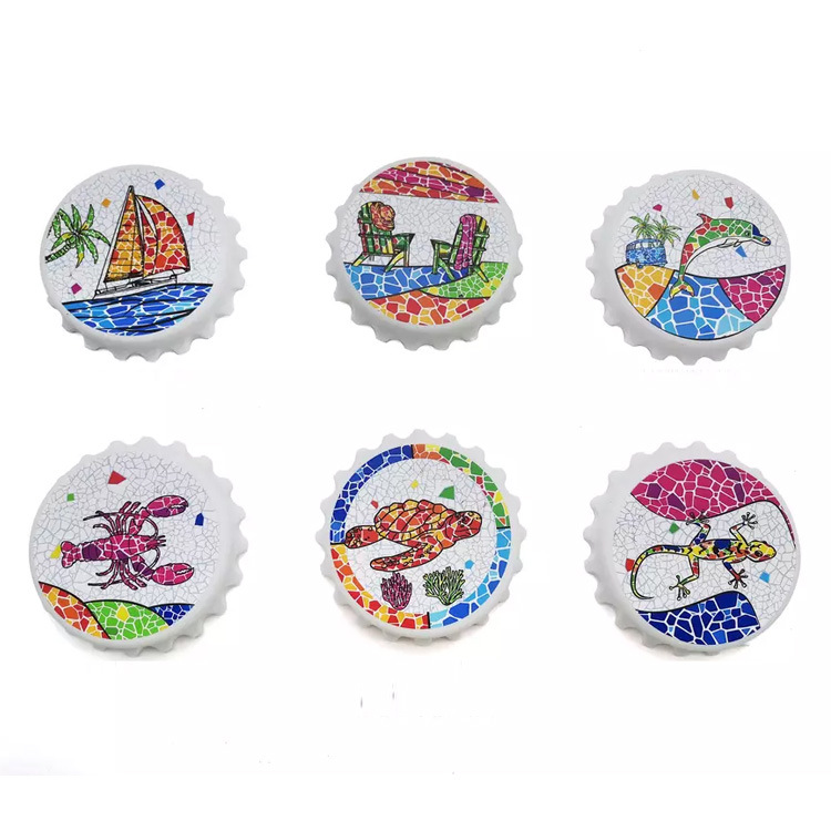 Customized Beach Souvenir Design Bottle Cap Shape Round Fridge Magnet Bottle Opener