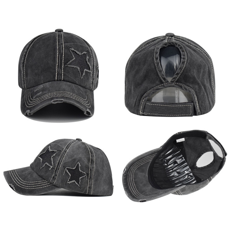 Wholesale Custom Cotton Washed Ponytail Baseball Hats Sequin Star Baseball Cap