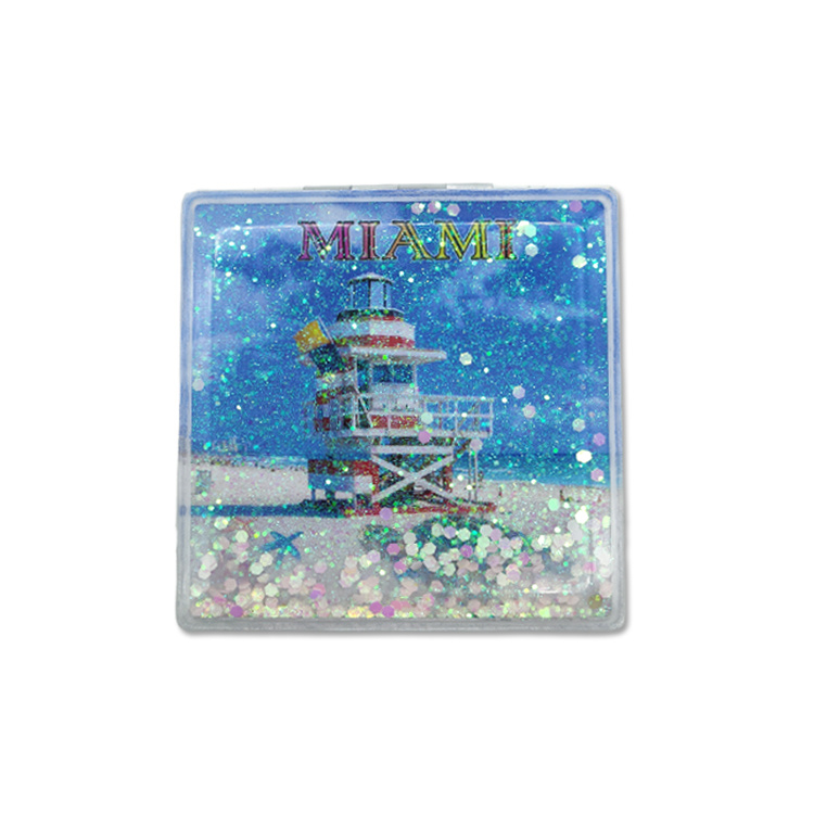 New Design Beach Souvenir Gift Cute Quicksand Glitter Bling Folding Pocket Mirror Custom Logo