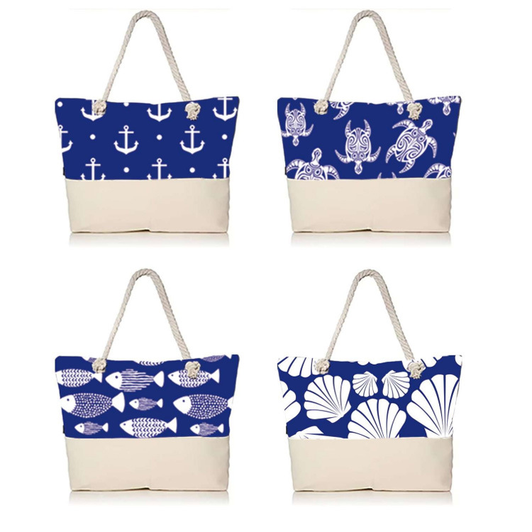 Custom Nautical Beach Style Sea Life Beach Bags Linen Tote Bag with Logo