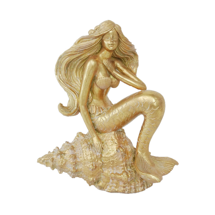 Quanzhou Factory Handmade Gold Resin Mermaid Statue for Home Decoration