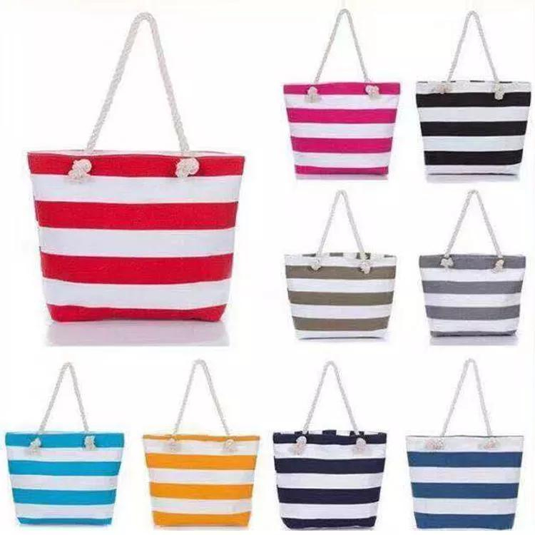 Wholesale Customized Logo Summer Fashion Beach Bag Canvas Striped Tote Bag