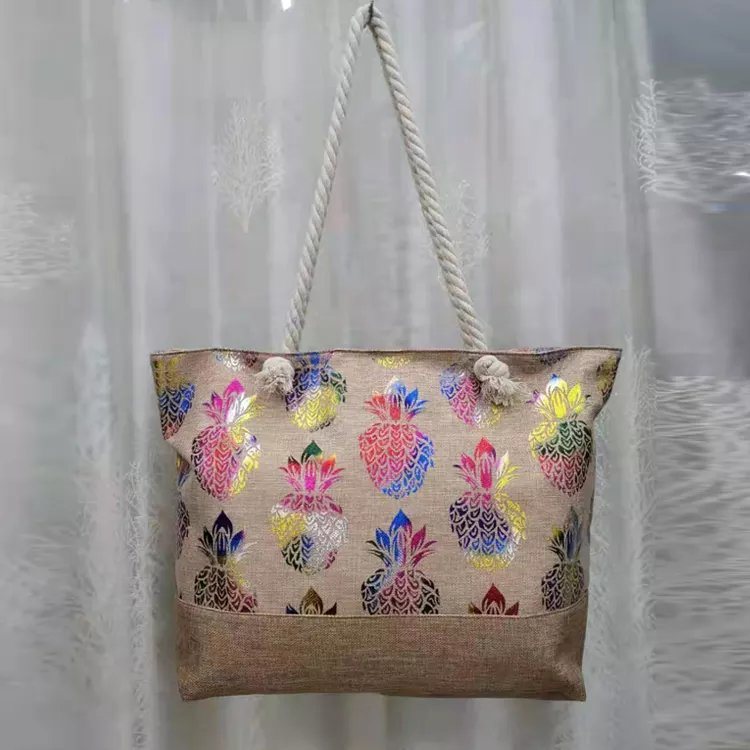 Wholesale Custom Flamingo Ladies Canvas Handbag Golden Printing Beach Bag