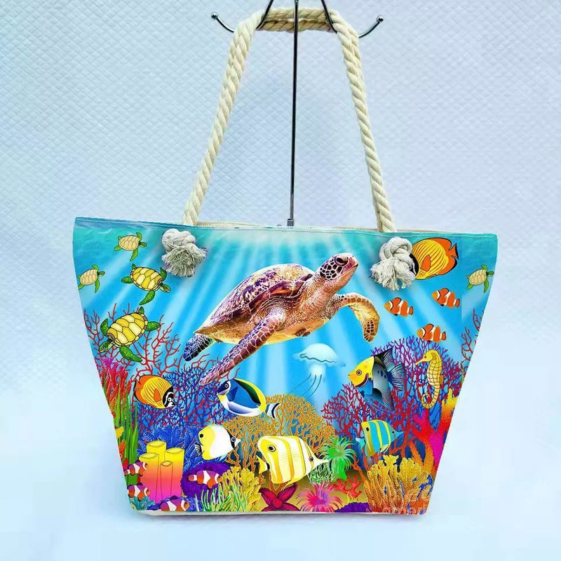 Factory Wholesale Canvas Travel Beach Vacation Hand Bag Sea Life Turtle Tropical Beach Bag