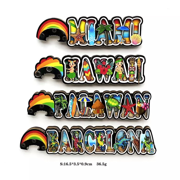 Promotion Gift Hawaii Beach Tourist Custom Letter Shape Wood Bottle Opener with Magnet