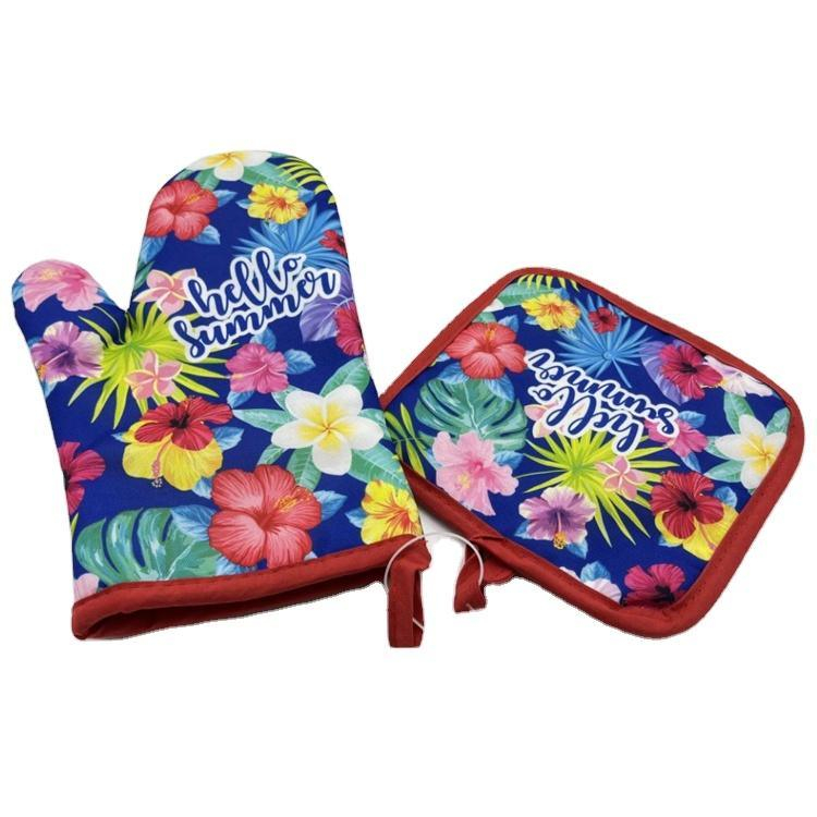 Custom Logo Printed Kitchen Heat Resistant Cotton Oven Mitts and Pot Holders Sets