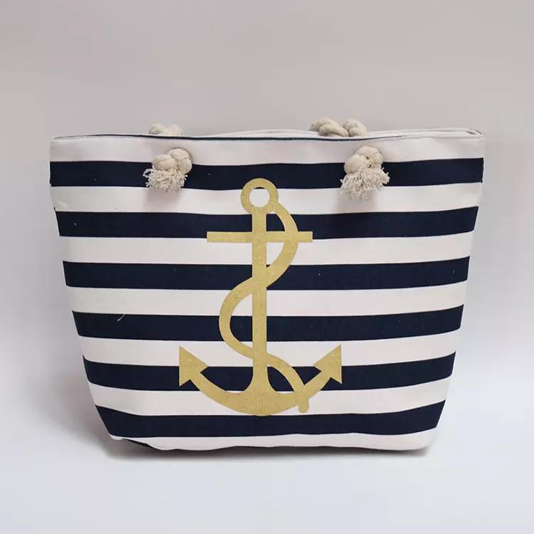 Customized Printd Logo Blue White Striped Nautical Anchor Beach Bags