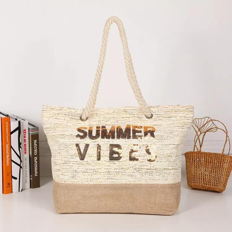 Wholesale Women Casual Summer Sequin Straw Beach Bag