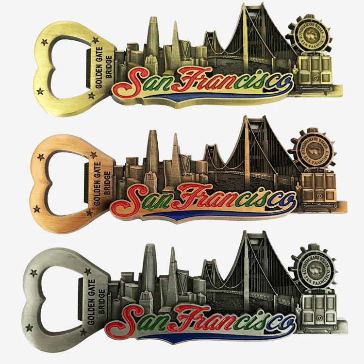 Custom Logo Metal Alloy USA Tourist Souvenir San Francisco Souvenirs Fridge Magnet Bottle Opener