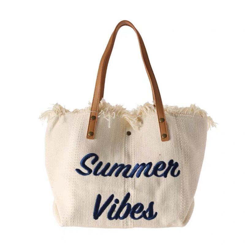 Wholesale Women Canvas Casual Beach Summer Vibes Tassel Tote Bag