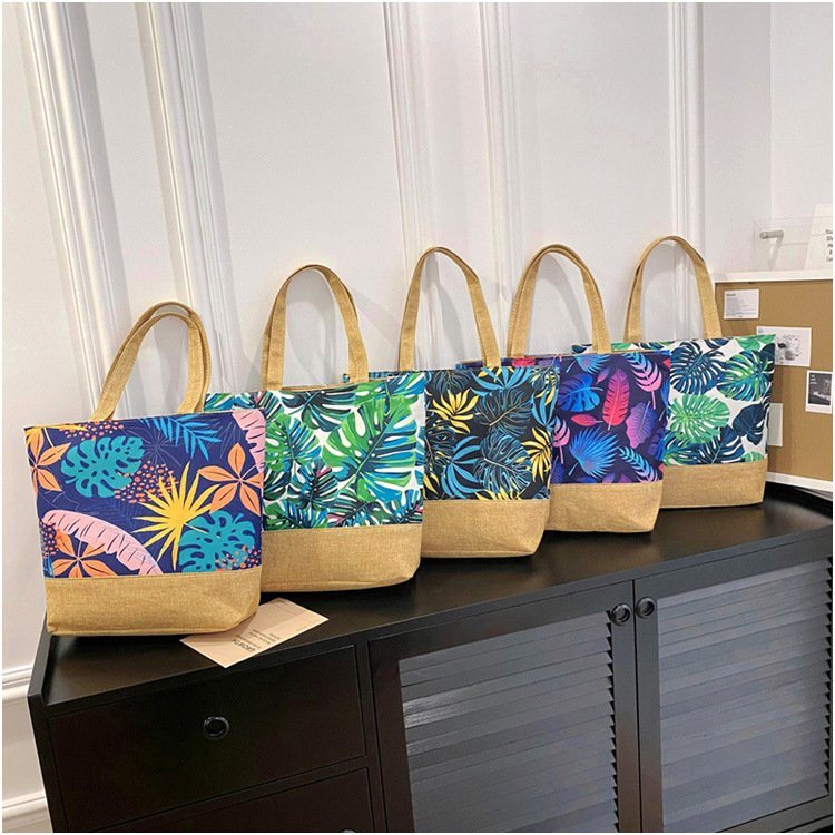 Wholesale Custom Cotton Linen Tropical Plants Print Summer Beach Hand Bag