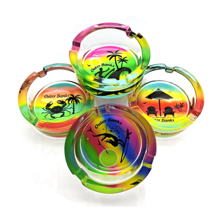 Wholesale New Custom Printed Logo Glass Round Ashtray Flower Ashtray