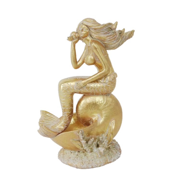 Quanzhou Factory Handmade Gold Resin Mermaid Statue for Home Decoration