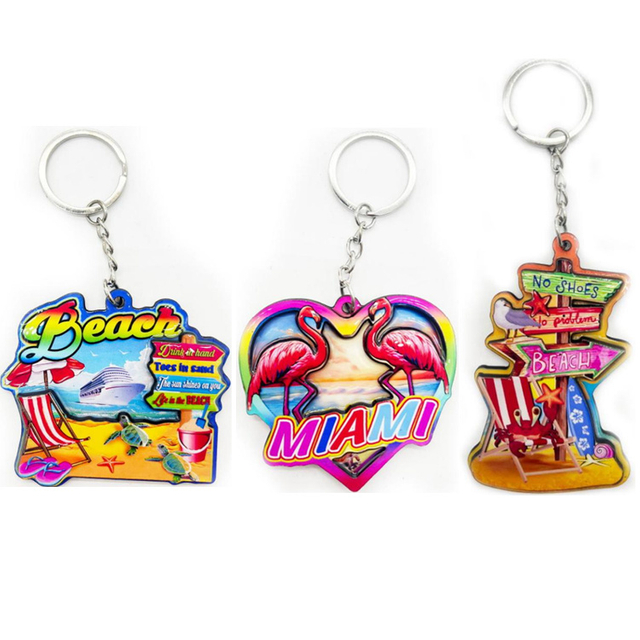 Customized Logo Epoxy MDF Wood Beach Surf Keyring Dolphin Flamingo Florida Souvenir Keychain
