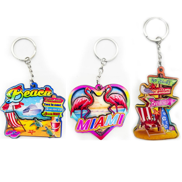 Customized Logo Epoxy MDF Wood Beach Surf Keyring Dolphin Flamingo Florida Souvenir Keychain