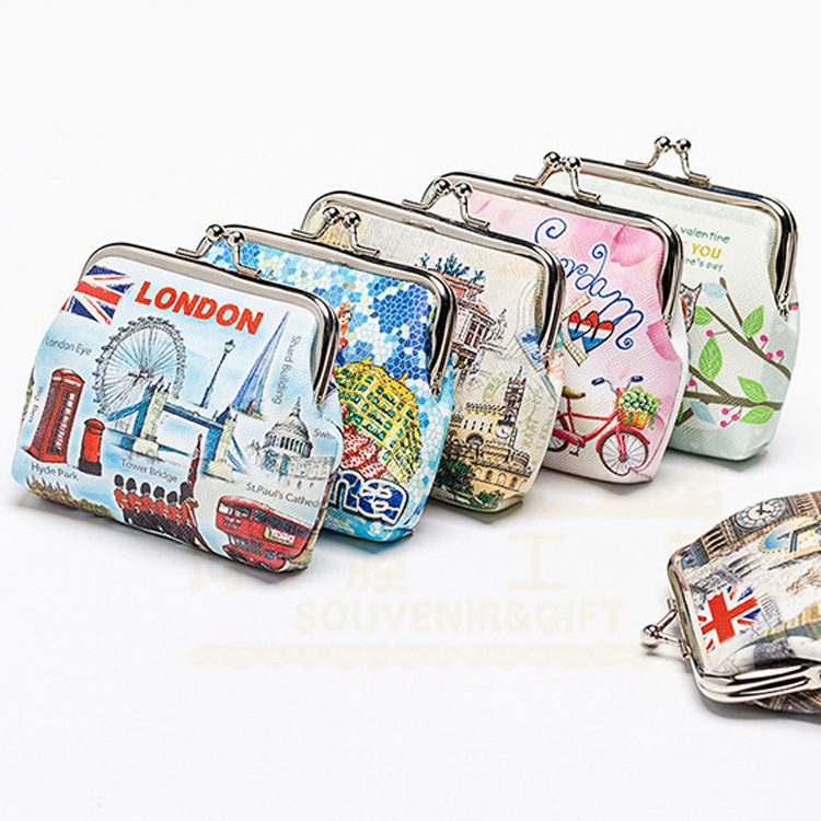 Custom Print Logo Kiss Lock PU Leather Coin Wallet London Souvenir Coin Purse