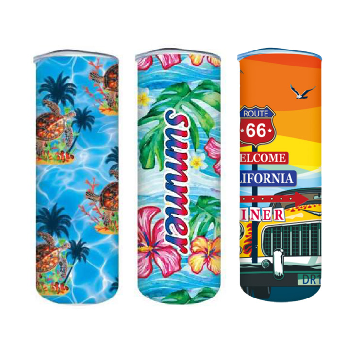 Custom Logo Drinking Mug Stainless Steel Straight Skinny Sublimation 20 oz Skinny Tumblers with Lid and Straw