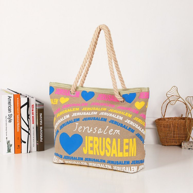 New Panama Printed Letter Canvas Large Capacity Beach Bag Custom Logo Personalized Cotton Rope Tote Bag