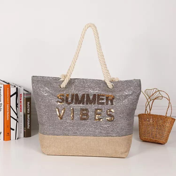 Wholesale Women Casual Summer Sequin Straw Beach Bag