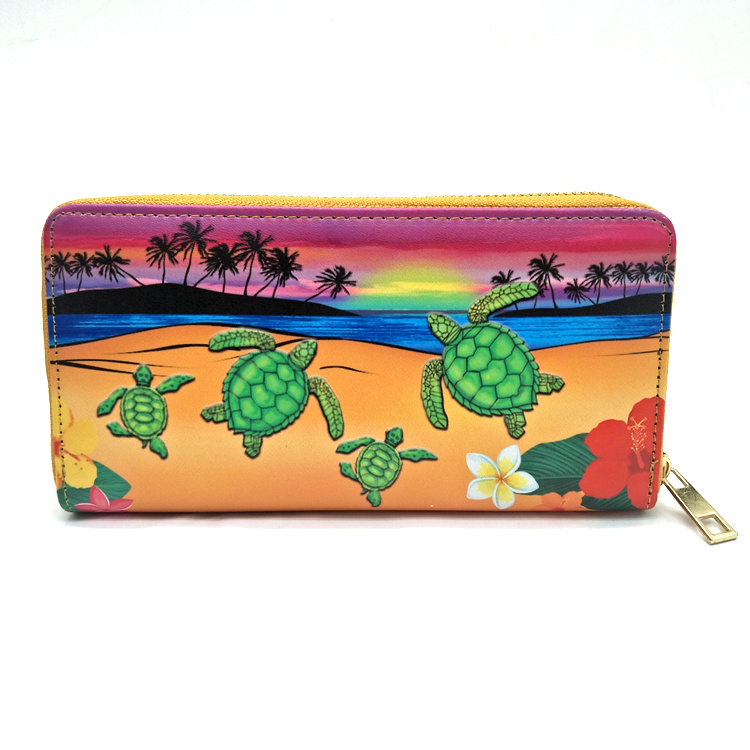 Wholesale Custom Print PU Leather Long Wallet Beach Turtle Flower Hawaiian Purse