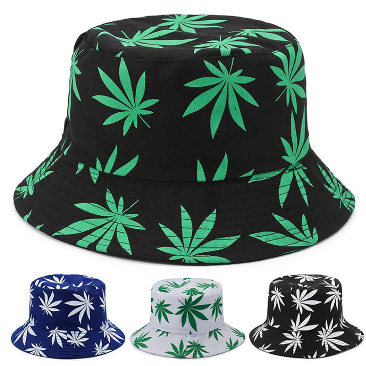 Custom Printed Fashion Fisherman Cap Jamaica Leaf Weed Bucket Hats