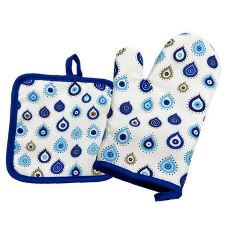 Custom Logo Oven Gloves Set Evil Eye Design Cotton Microwave Oven Gloves and Mat