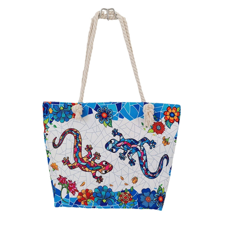 Customized Digital Printed Gecko Lizard Design Canvas Island Lanzarote Tenerife Spain Barcelona Souvenir Beach Tote Bag