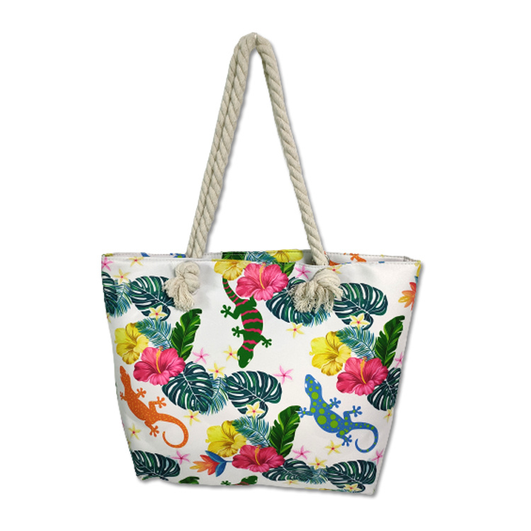 Wholesale Custom Cotton Linen Tropical Plants Print Summer Beach Hand Bag