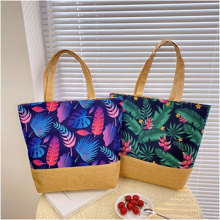 Wholesale Custom Cotton Linen Tropical Plants Print Summer Beach Hand Bag