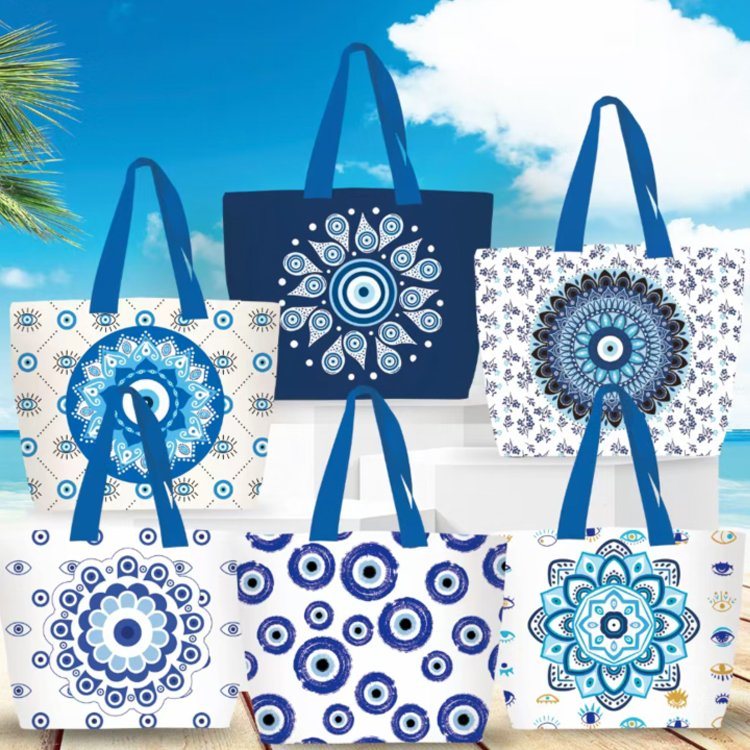 Custom Logo Printing Women Evil Eye Hand Bag Canvas Tote Bag Souvenir Santorini Greece Beach Bags