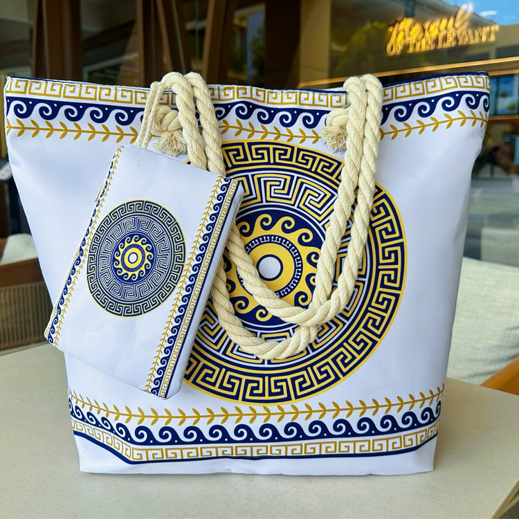 Custom logo Digital Printing Casual Coastal Canvas Turtle Greece Souvenir Beach Tote Bag with Little Bag