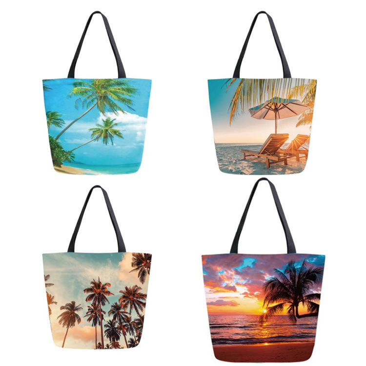 Custom Printing Canvas Tropical Palm Tree Summer Sunset Beach View Souvenir Tote Bag