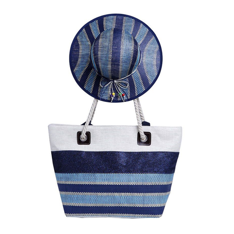 Wholesale Custom Logo Women Summer Striped Tote Bag Beach Bag with Hat