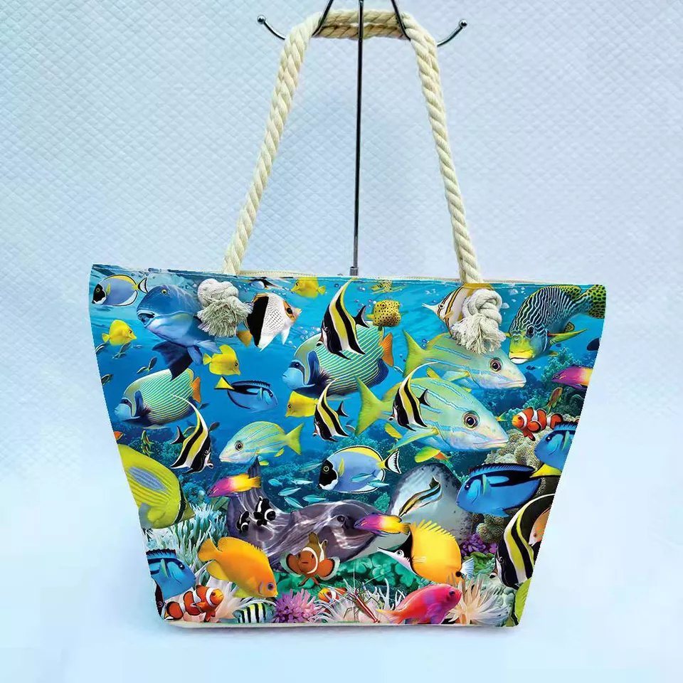 Wholesale Digital Print Beach Tote Bag Customized Logo Beach Series Cotton Rope Beach Bag