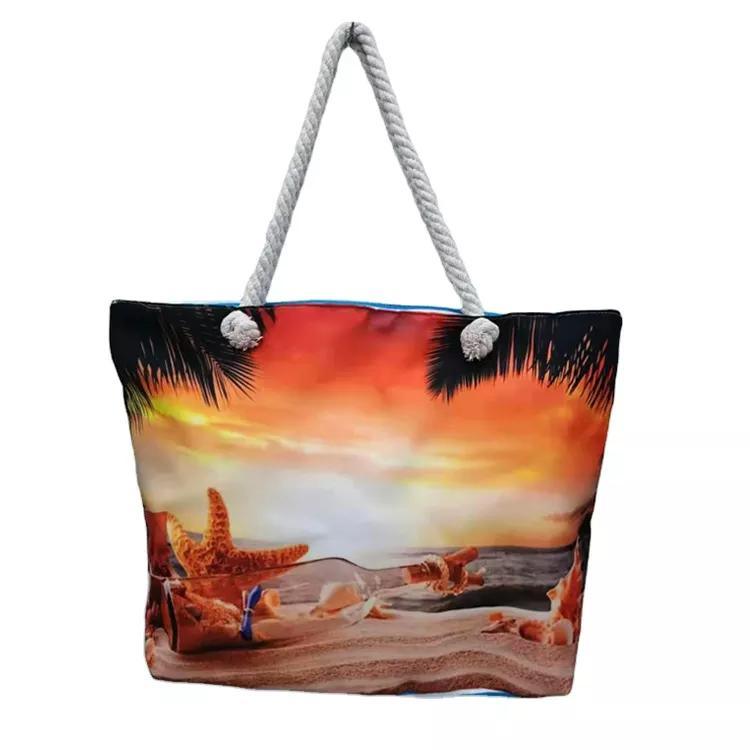 Customized Digital Printing Canvas Lady Leisure Vacation Tourist Souvenir Beach Shell Tote Bag