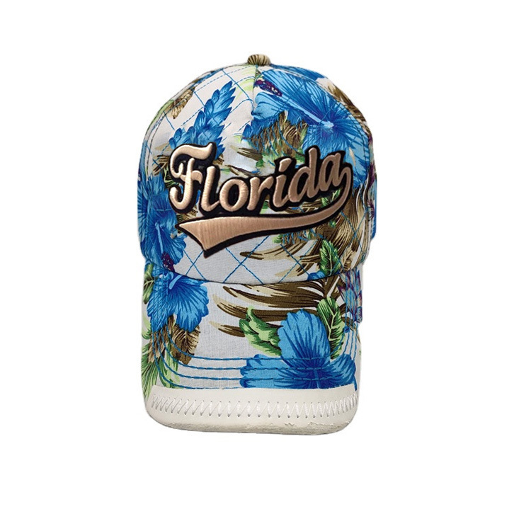 Custom Embroidery Logo Floral Print Hat Tourist Gift Beach Souvenir Florida Baseball Cap