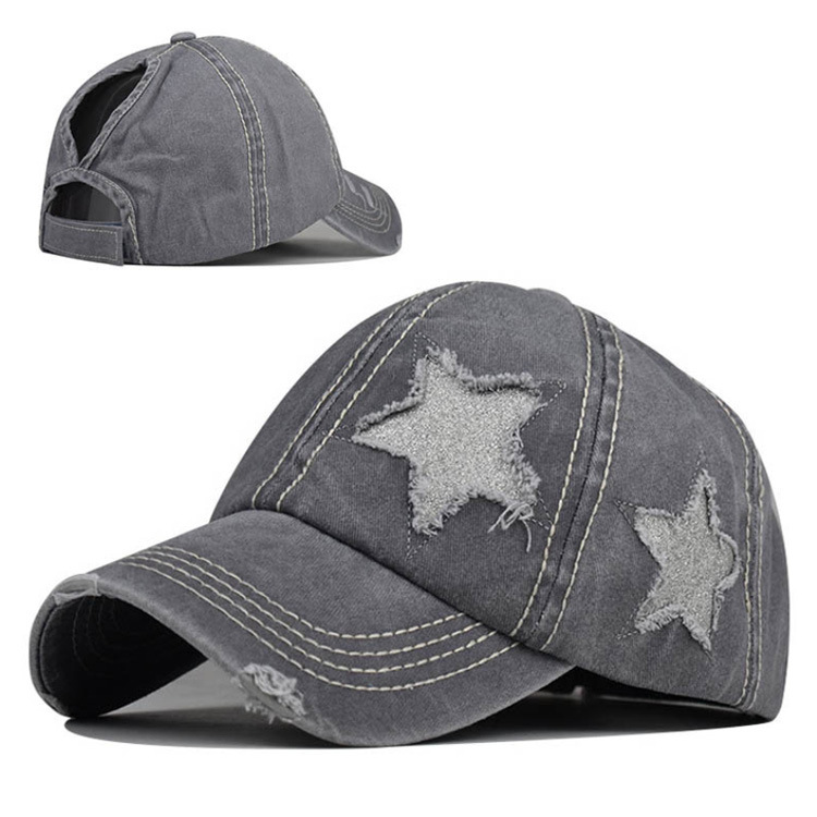 Wholesale Custom Cotton Washed Ponytail Baseball Hats Sequin Star Baseball Cap