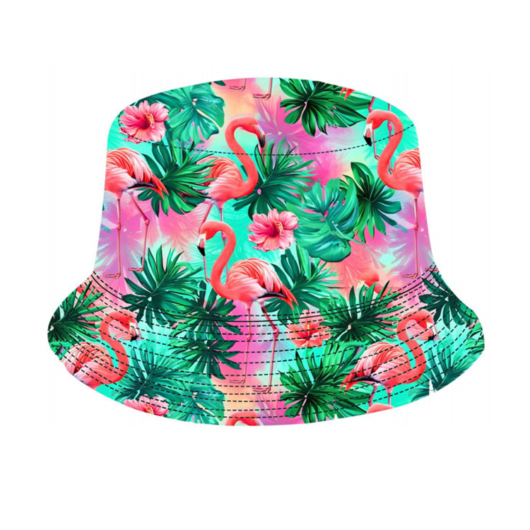 Customized Logo Full Printing Reversible Tropical Summer Beach Bahamas Flamingo Bucket Hat