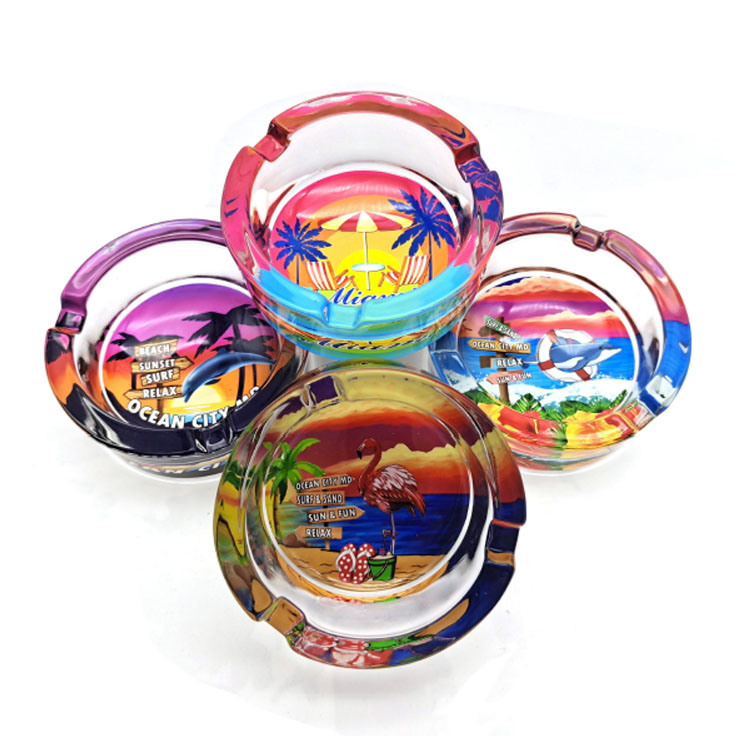 Wholesale New Custom Printed Logo Glass Round Ashtray Flower Ashtray