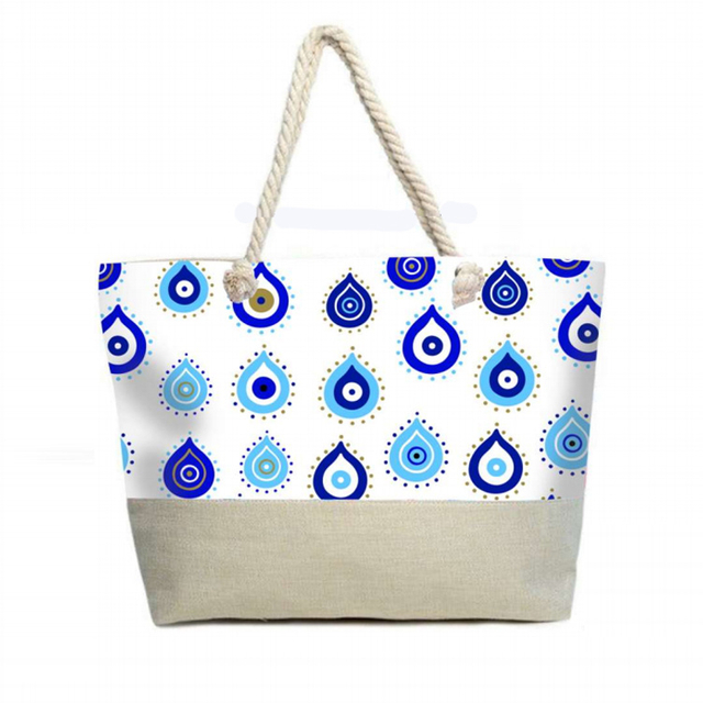 Custom Logo Printing Women Evil Eye Hand Bag Canvas Tote Bag Souvenir Santorini Greece Beach Bags