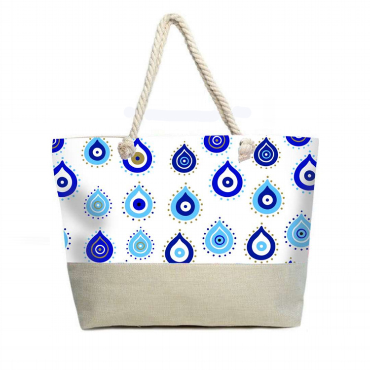 Custom Logo Printing Women Evil Eye Hand Bag Canvas Tote Bag Souvenir Santorini Greece Beach Bags