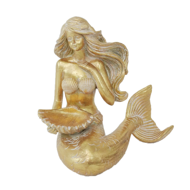 Quanzhou Factory Handmade Gold Resin Mermaid Statue for Home Decoration