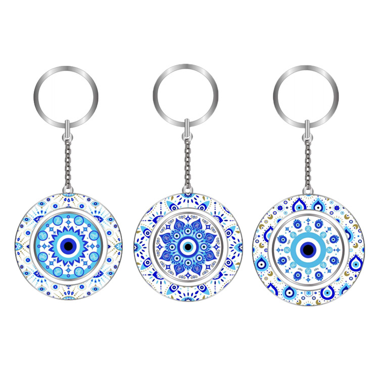 Wholesale Custom Metal Epoxy Round Travel Gift Key Chain Evil Eye Greek Aegean Sea Santorini Greece Souvenir Keychain