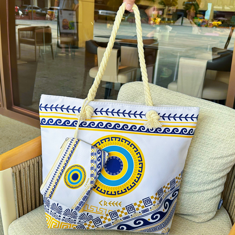 Custom logo Digital Printing Casual Coastal Canvas Turtle Greece Souvenir Beach Tote Bag with Little Bag