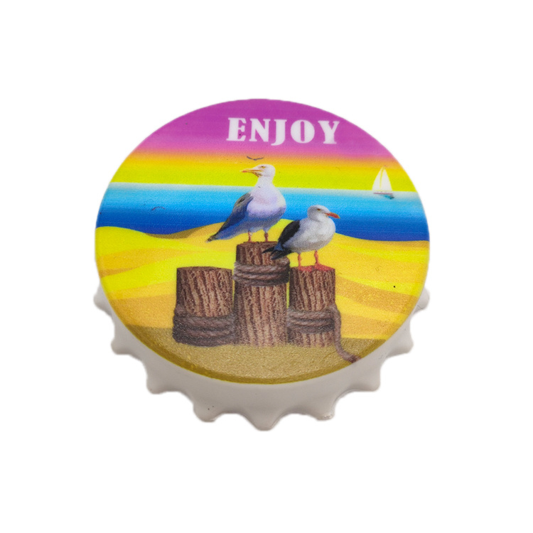 Customized Beach Souvenir Design Bottle Cap Shape Round Fridge Magnet Bottle Opener