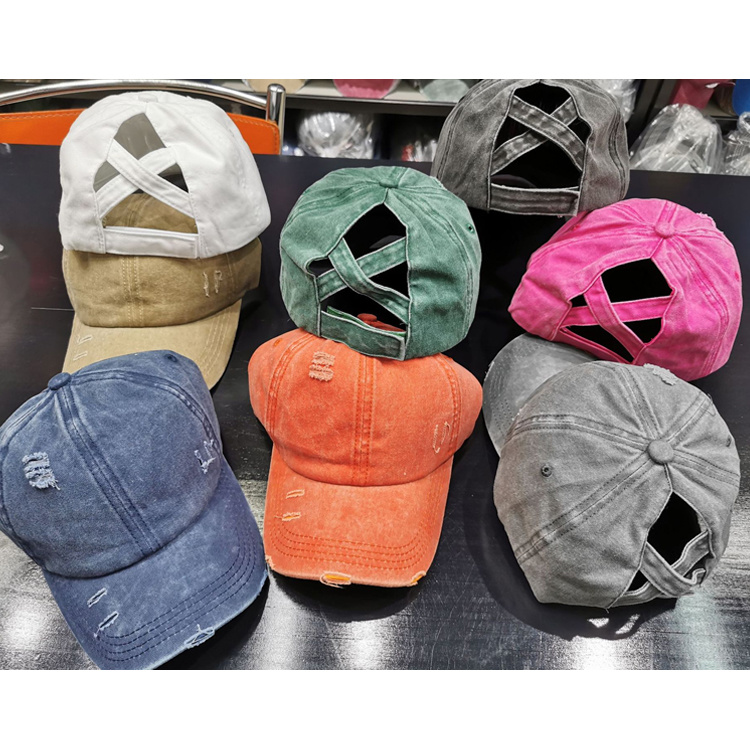 Wholesale Denim Washed Ripped Women Cross Ponytail Hat Baseball Cap